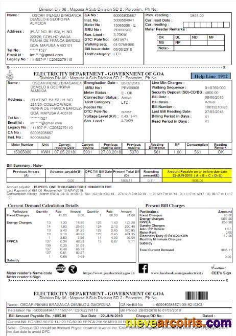 INIDA ELECTRICITY DEPARTMENT GOVERNMENT OF GOA utility bill